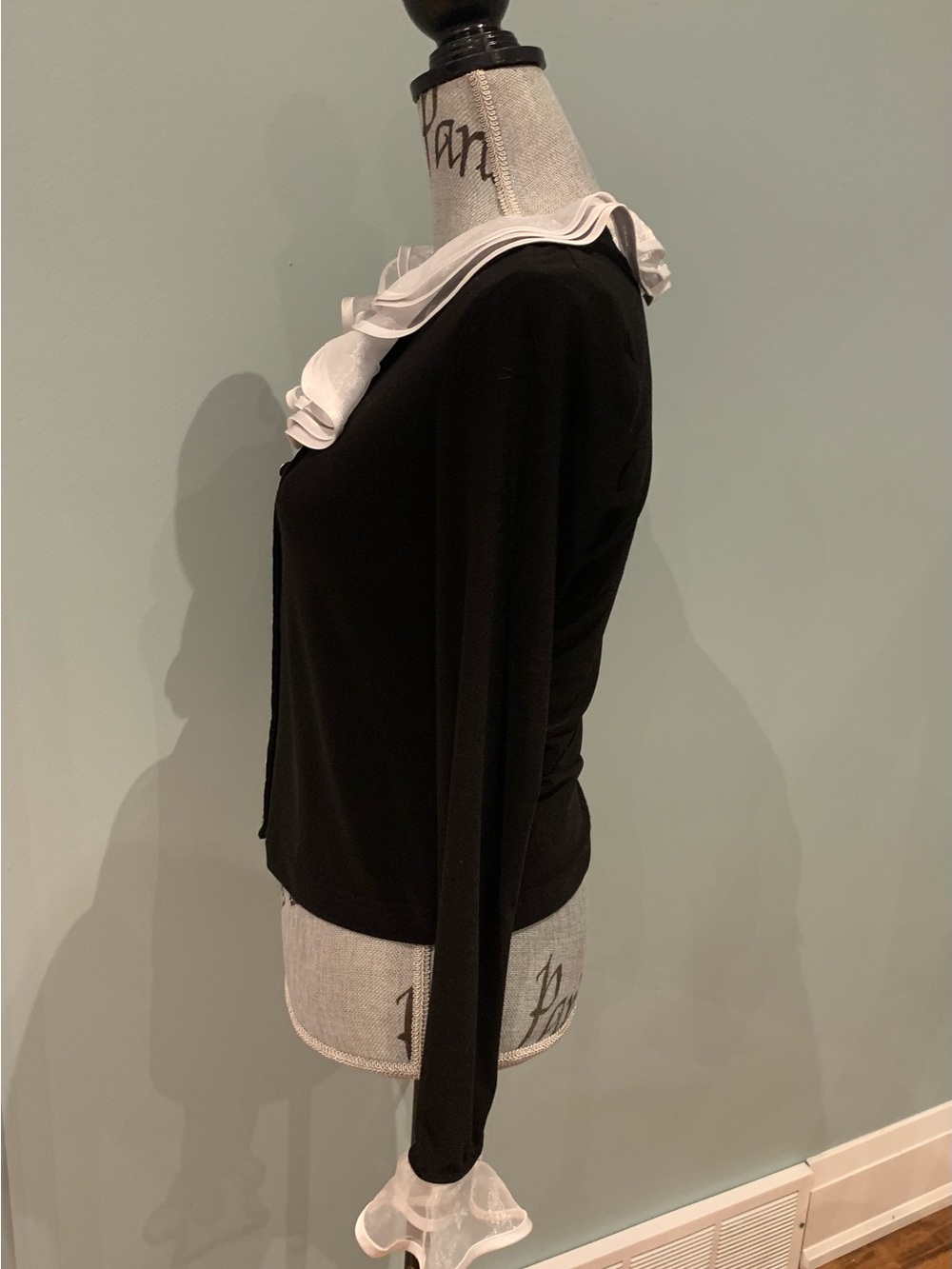 Joseph Ribkoff Black Button-Front Top with White Ruffle Trim - Picture 4 of 16